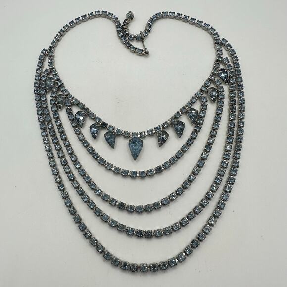 1940s 1950s vintage silver tone light blue glass rhinestones swag necklace - Picture 2 of 8